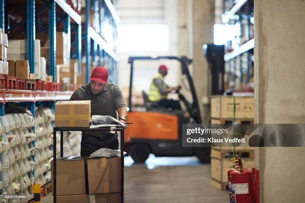 Worker taking inventory at warehouse shelves
